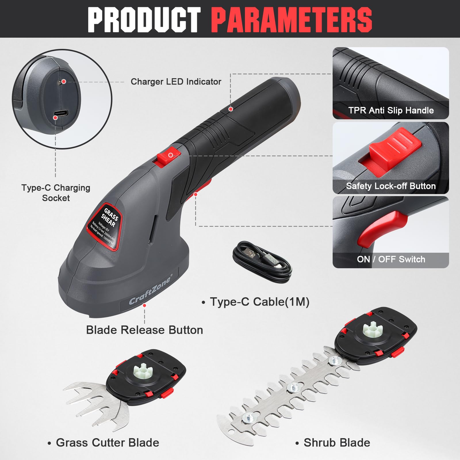 CRAFTZONE Cordless Trimmer power indicator close-up