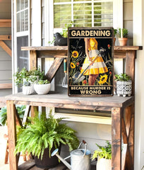 CrazySign metal sign displayed in a backyard setting
