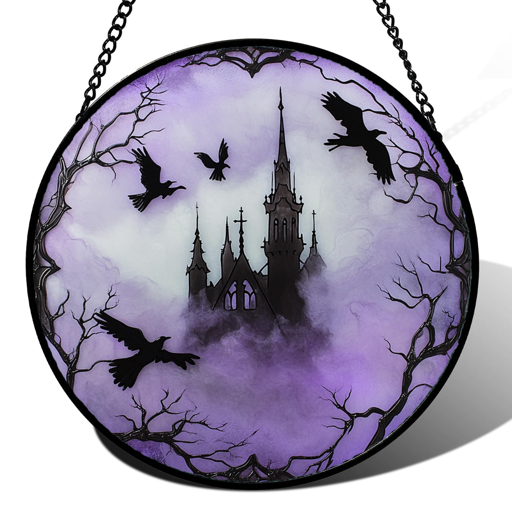 CRISGIF Gothic Castle Ravens Stained Glass Window Hanging front view