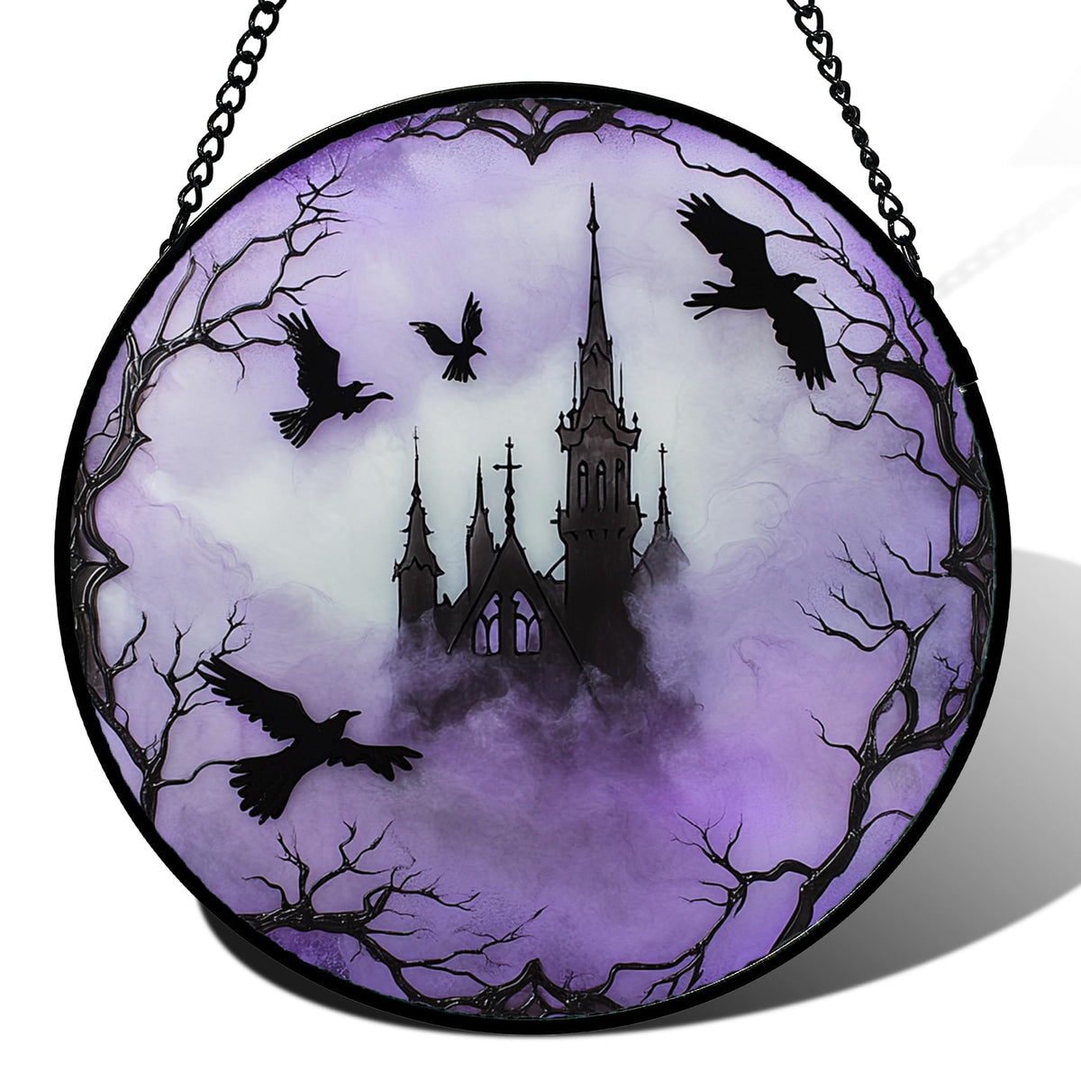 CRISGIF Gothic Castle Ravens Stained Glass Window Hanging front view