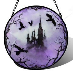 CRISGIF Gothic Castle Ravens Stained Glass Window Hanging front view