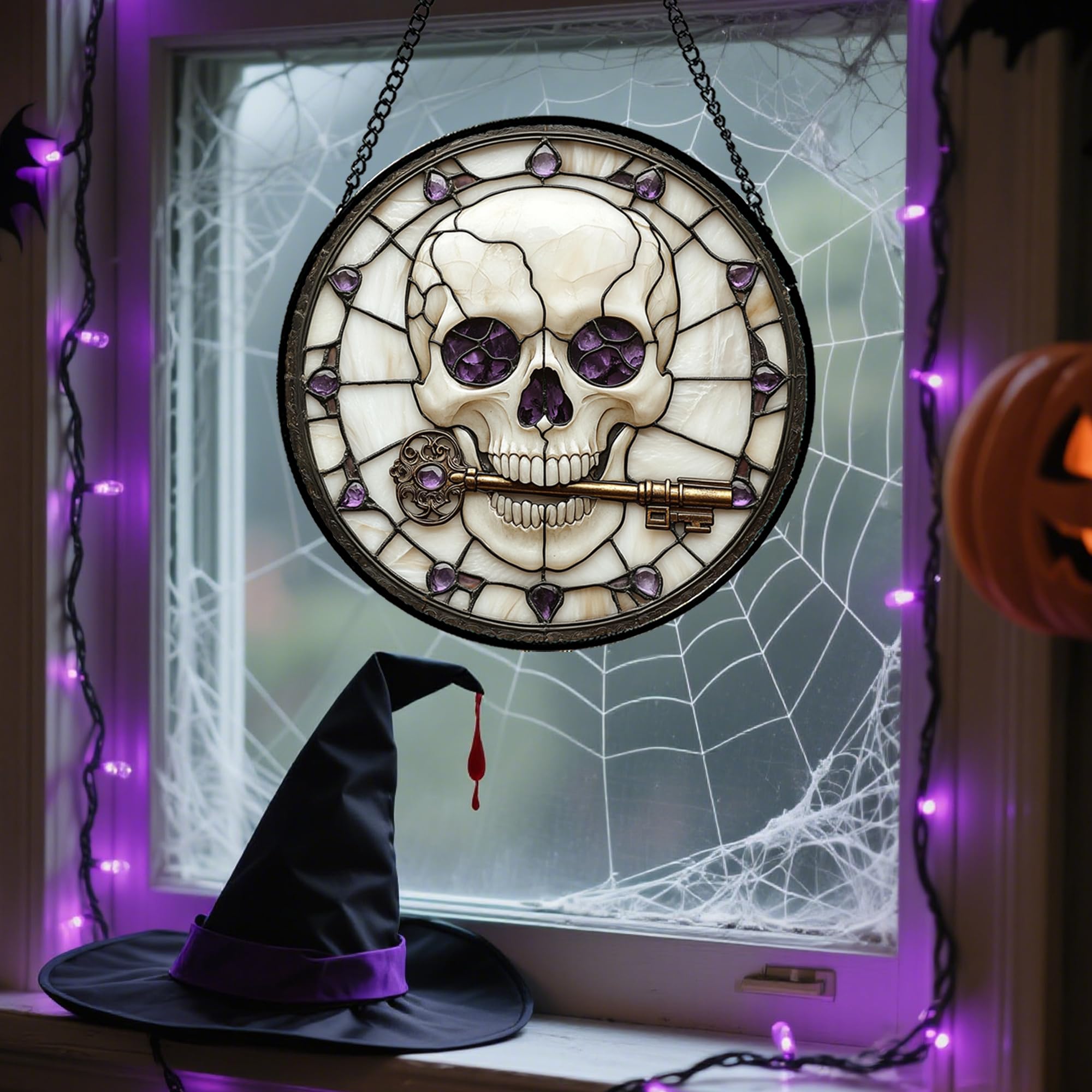 CRISGIF Gothic Halloween Suncatcher displayed on a window