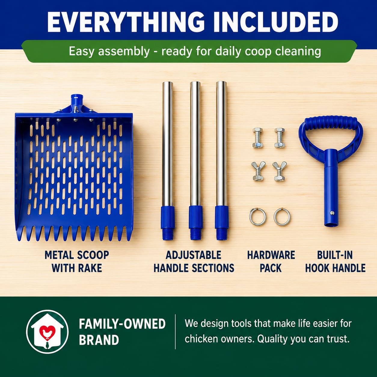 CRITTER FAVS Chicken Poop Scooper with sand and pine shavings in coop
