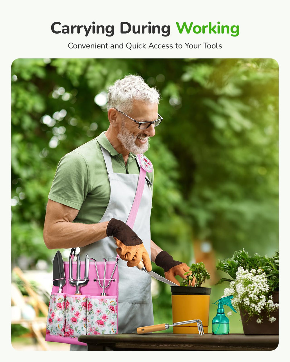Crossbody bag of Grenebo gardening tools set with three external pockets