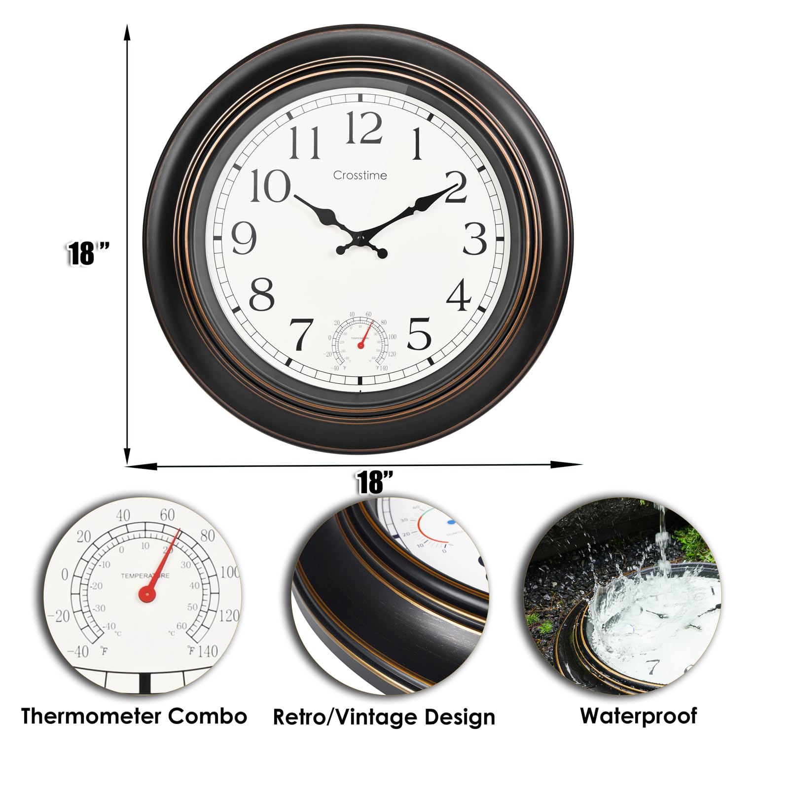 Crosstime 18-inch Retro Outdoor Wall Clock side view showing temperature gauge
