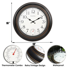 Crosstime 18-inch Retro Outdoor Wall Clock side view showing temperature gauge