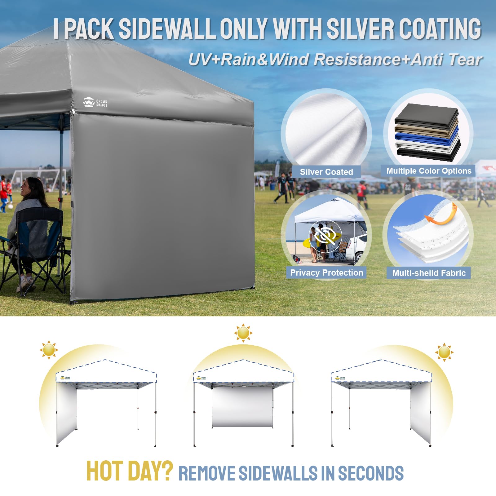 CROWN SHADES sidewall package showing dimensions