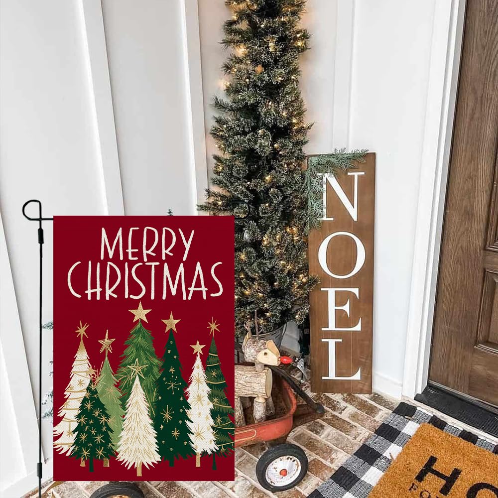 CROWNED BEAUTY Christmas Trees Garden Flag featuring stars and trees