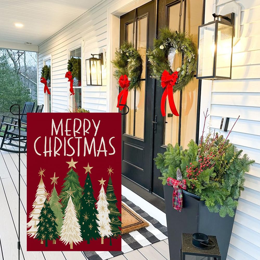 CROWNED BEAUTY Christmas Trees Garden Flag in outdoor setting