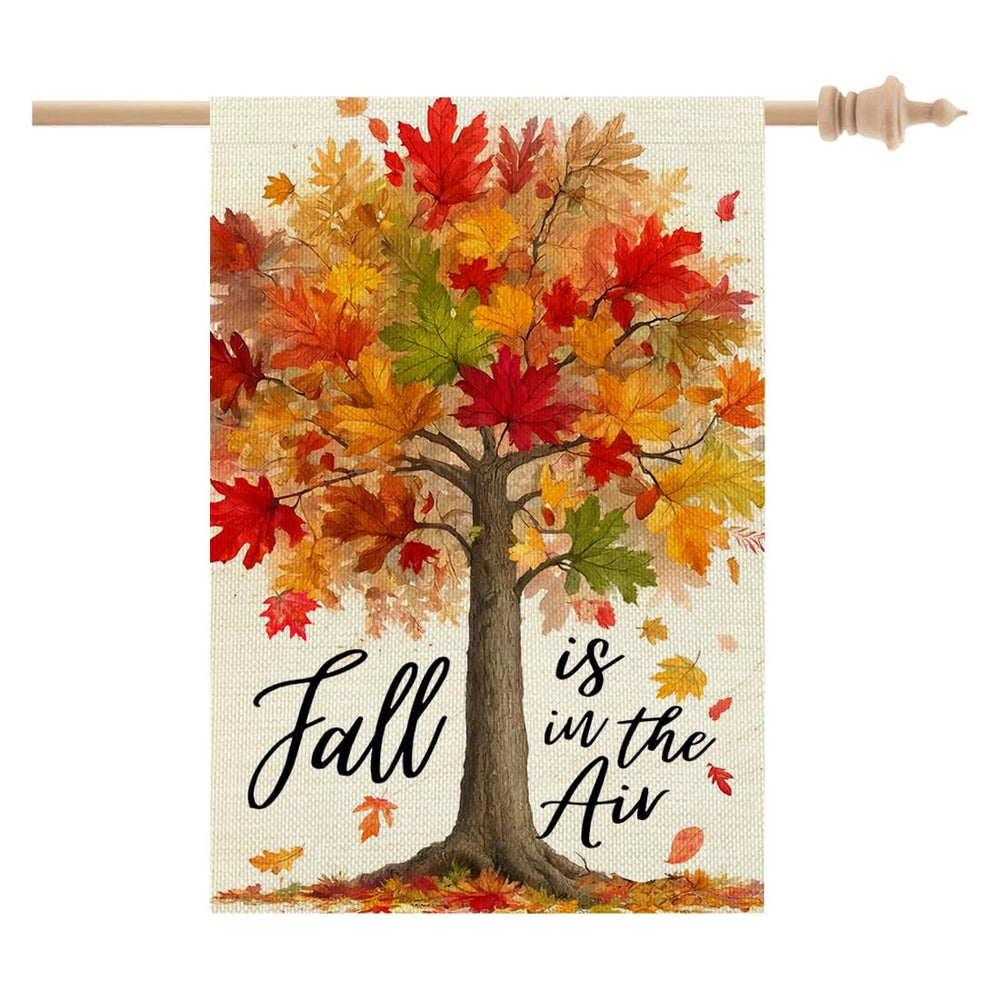 CROWNED BEAUTY Fall Tree House Flag front view, multi-coloured design
