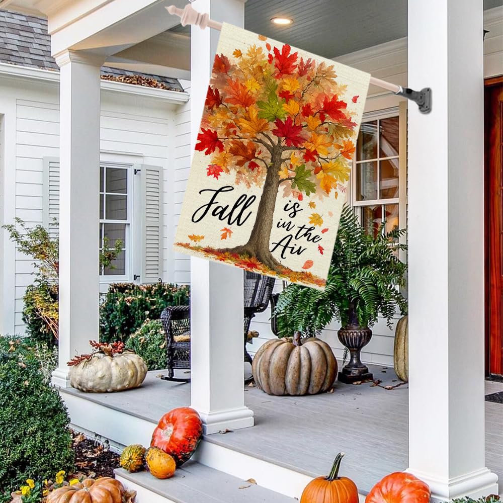 CROWNED BEAUTY Fall Tree House Flag side view with sleeve for attachment
