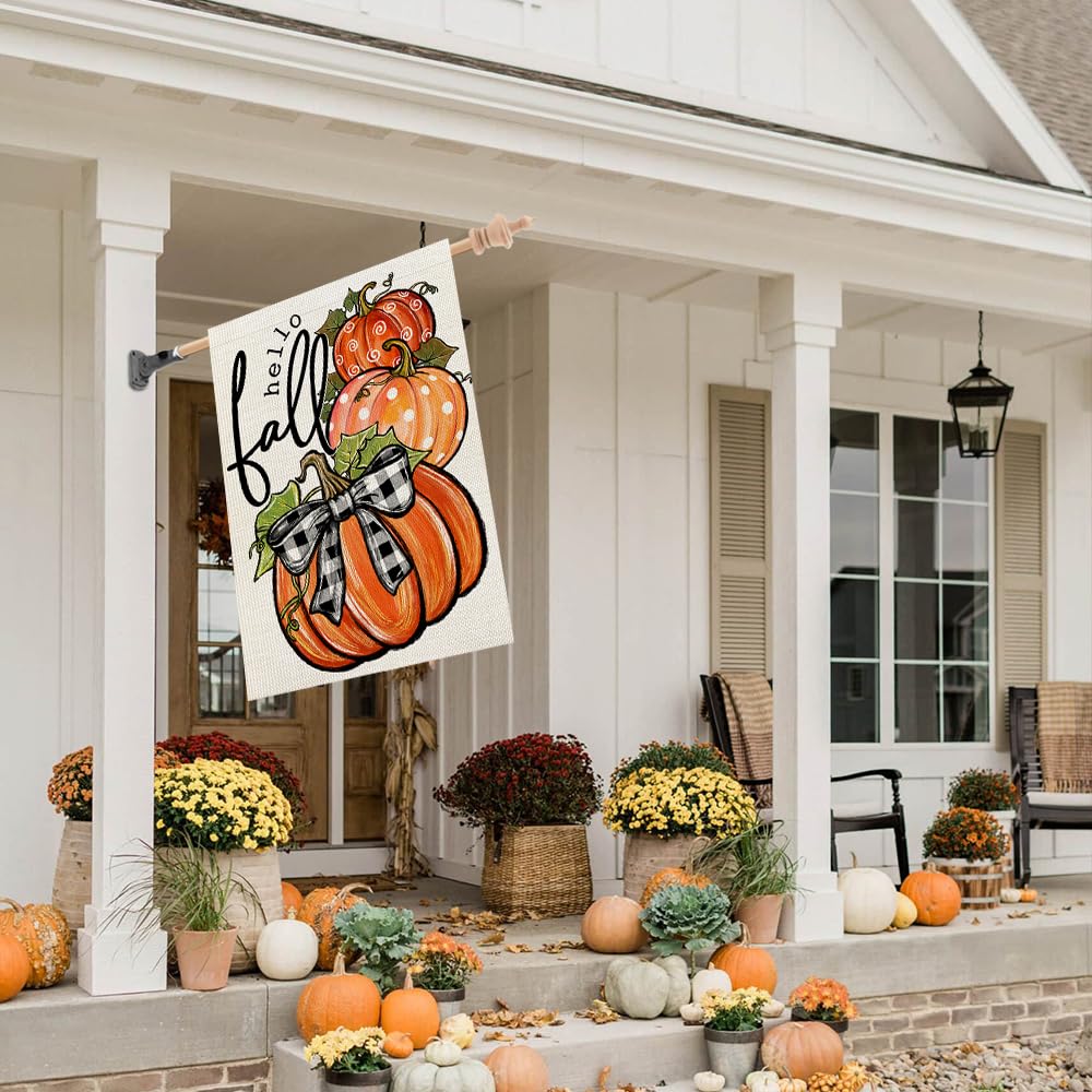 CROWNED BEAUTY Fall Welcome Pumpkins House Flag with vibrant colours