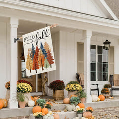 CROWNED BEAUTY Fall Welcome Trees House Flag hanging on a pole