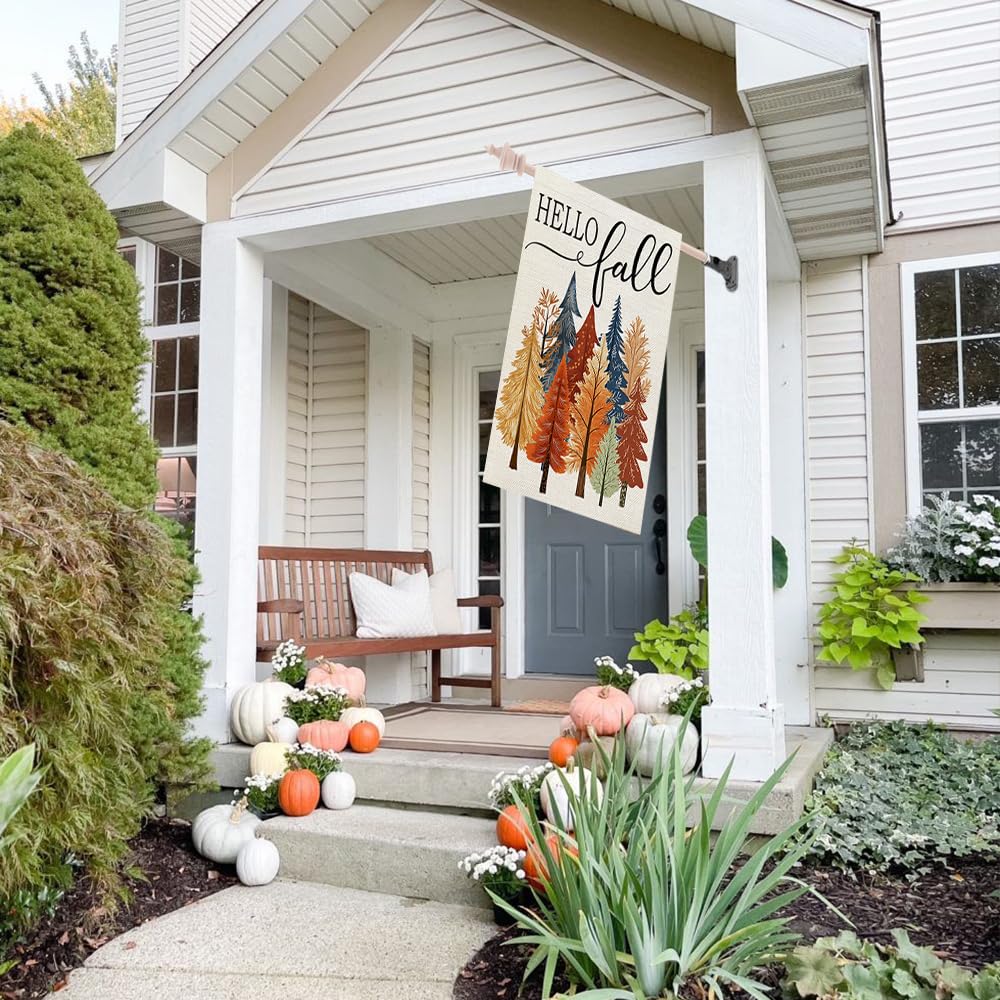 CROWNED BEAUTY Fall Welcome Trees House Flag in outdoor garden setting