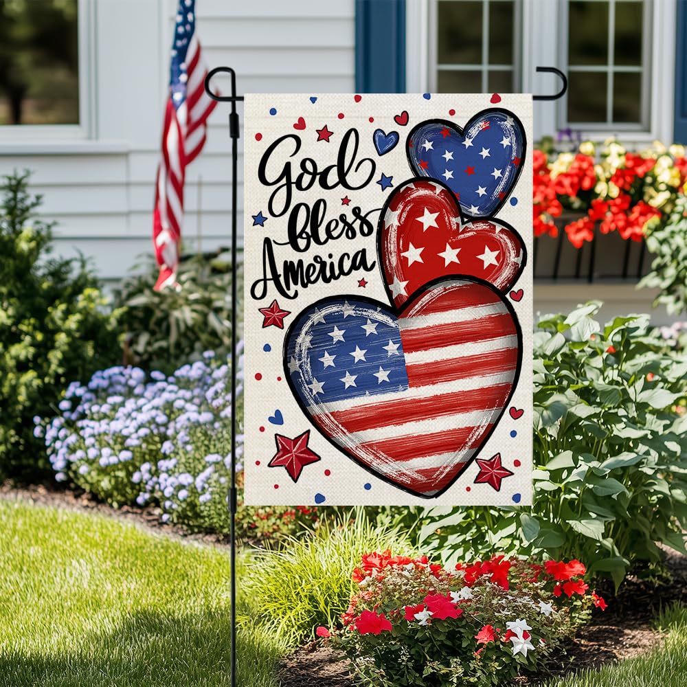 CROWNED BEAUTY Garden Flag featuring vibrant red, white, and blue hearts