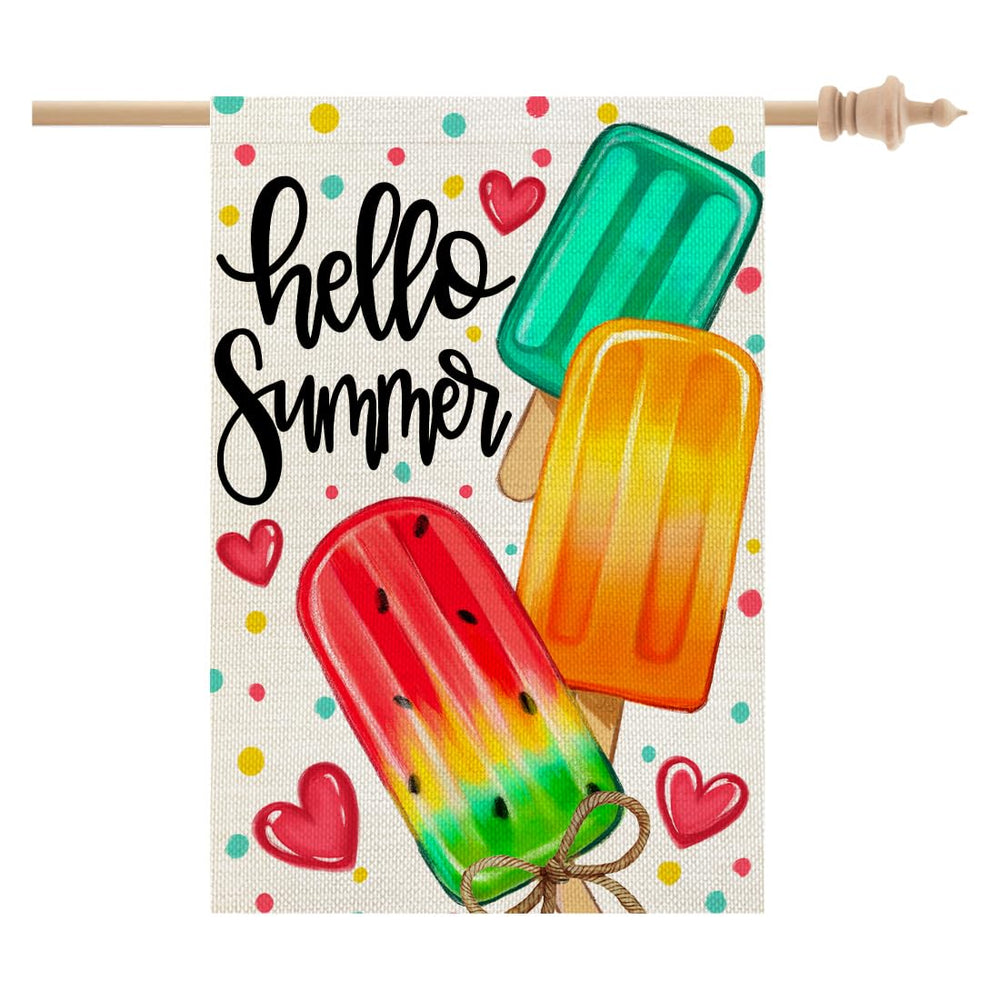 CROWNED BEAUTY Summer House Flag with vibrant popsicles design