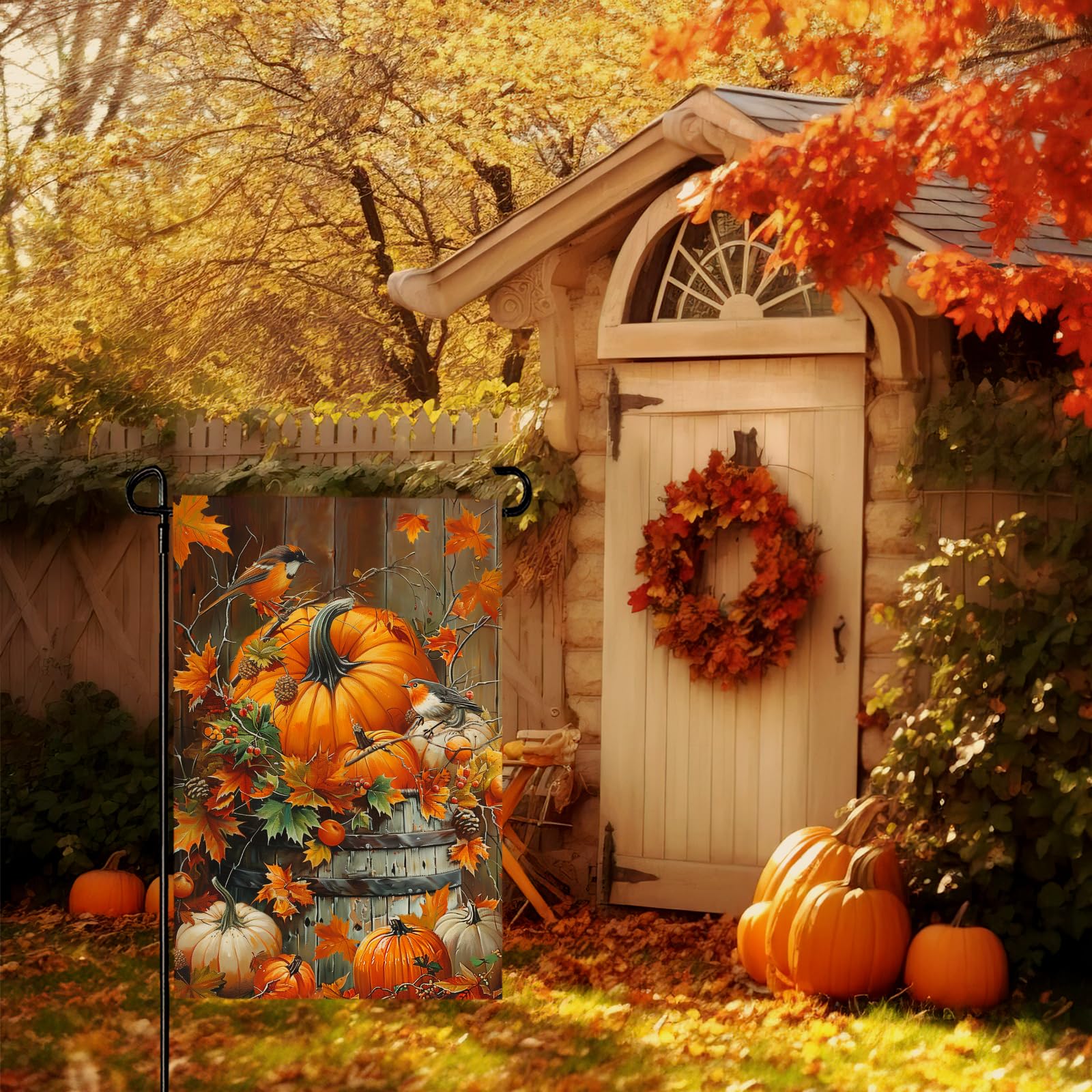 Cryfox Fall Pumpkin Garden Flag displayed on a standard flag stand