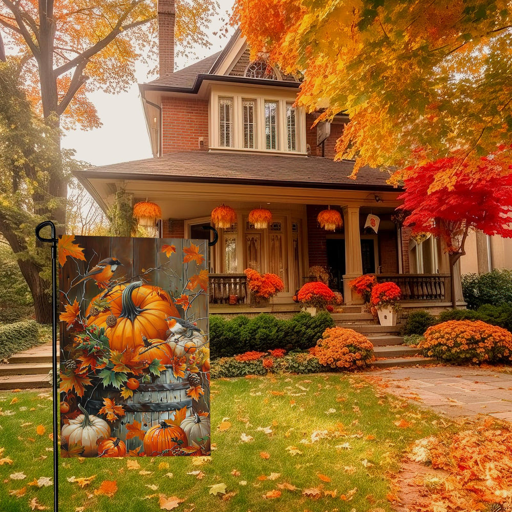 Cryfox Fall Pumpkin Garden Flag side view showing double sided pattern