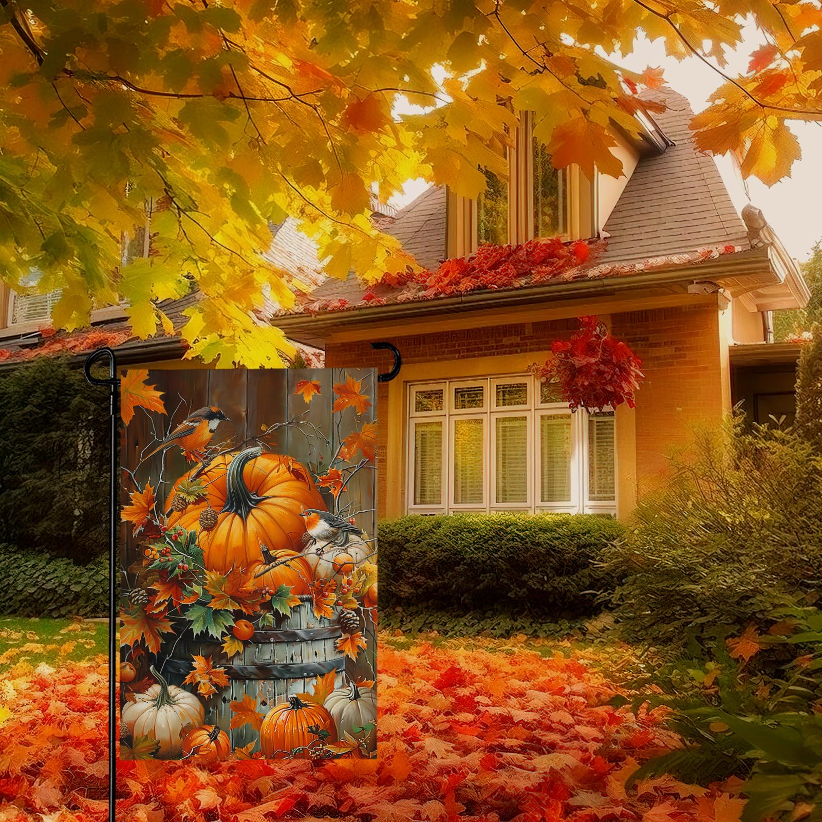 Cryfox Fall Pumpkin Garden Flag with surrounding autumn decorations