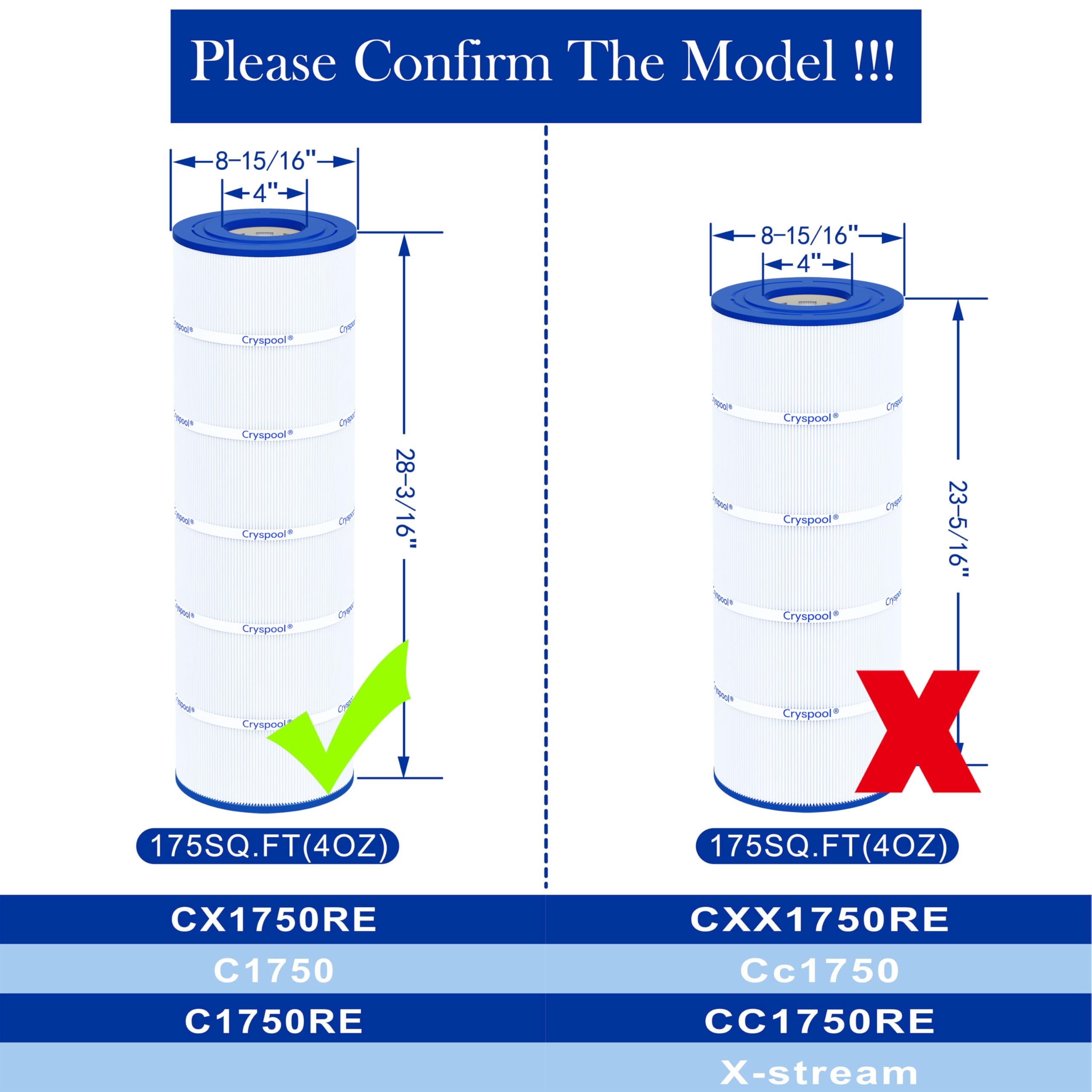 Cryspool Pool Filter Cartridge side view with dimensions