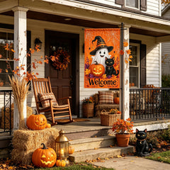 CSZPPQAF 12x18 Halloween Garden Flag displayed on a stand
