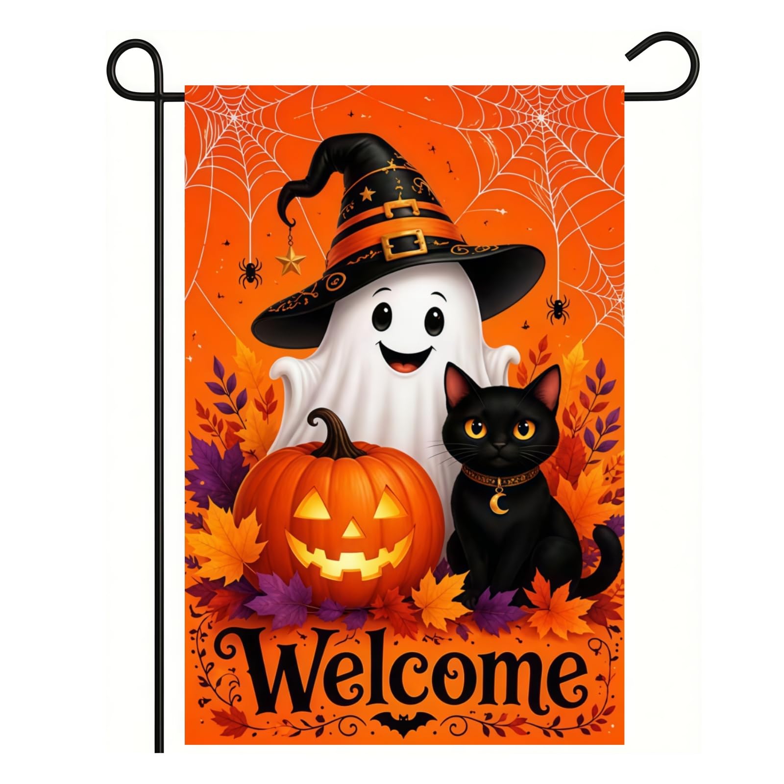CSZPPQAF Halloween Garden Flag featuring a friendly ghost and black cat