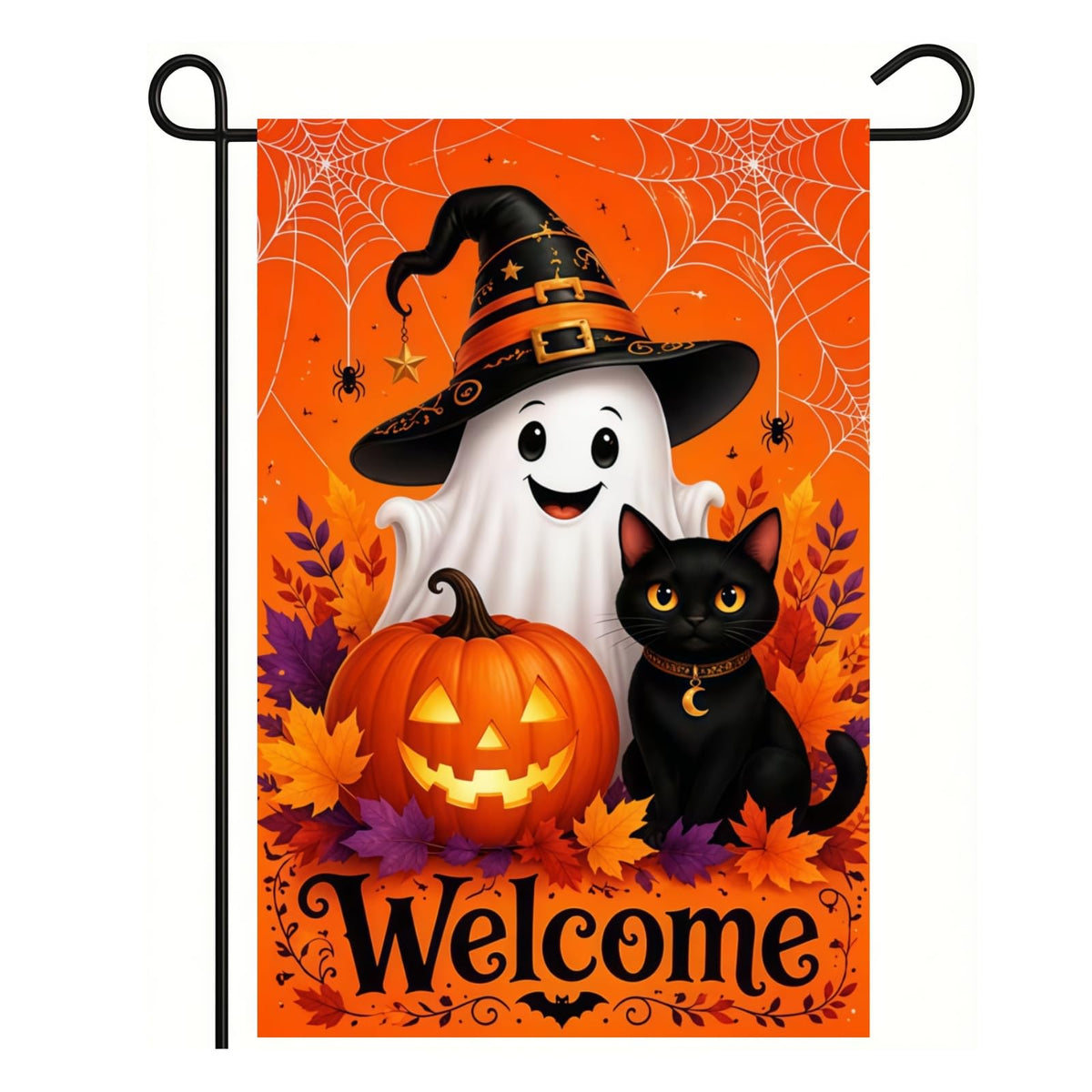 CSZPPQAF Halloween Garden Flag featuring a friendly ghost and black cat