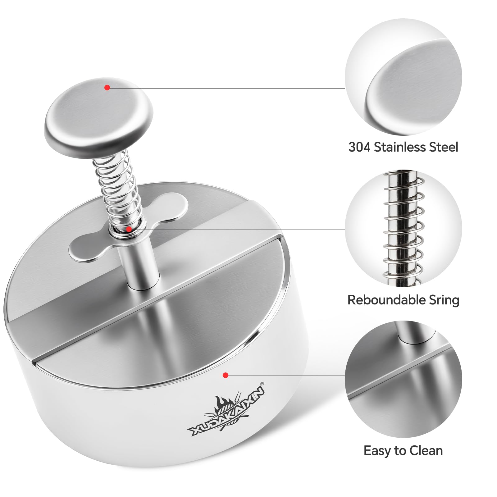 Cuexorik hamburger press with various sized patties on a grill