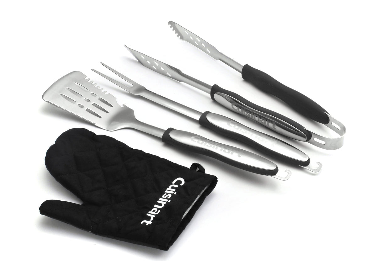 Cuisinart 3-Piece BBQ Tool Set including spatula, fork, tongs, and grill glove