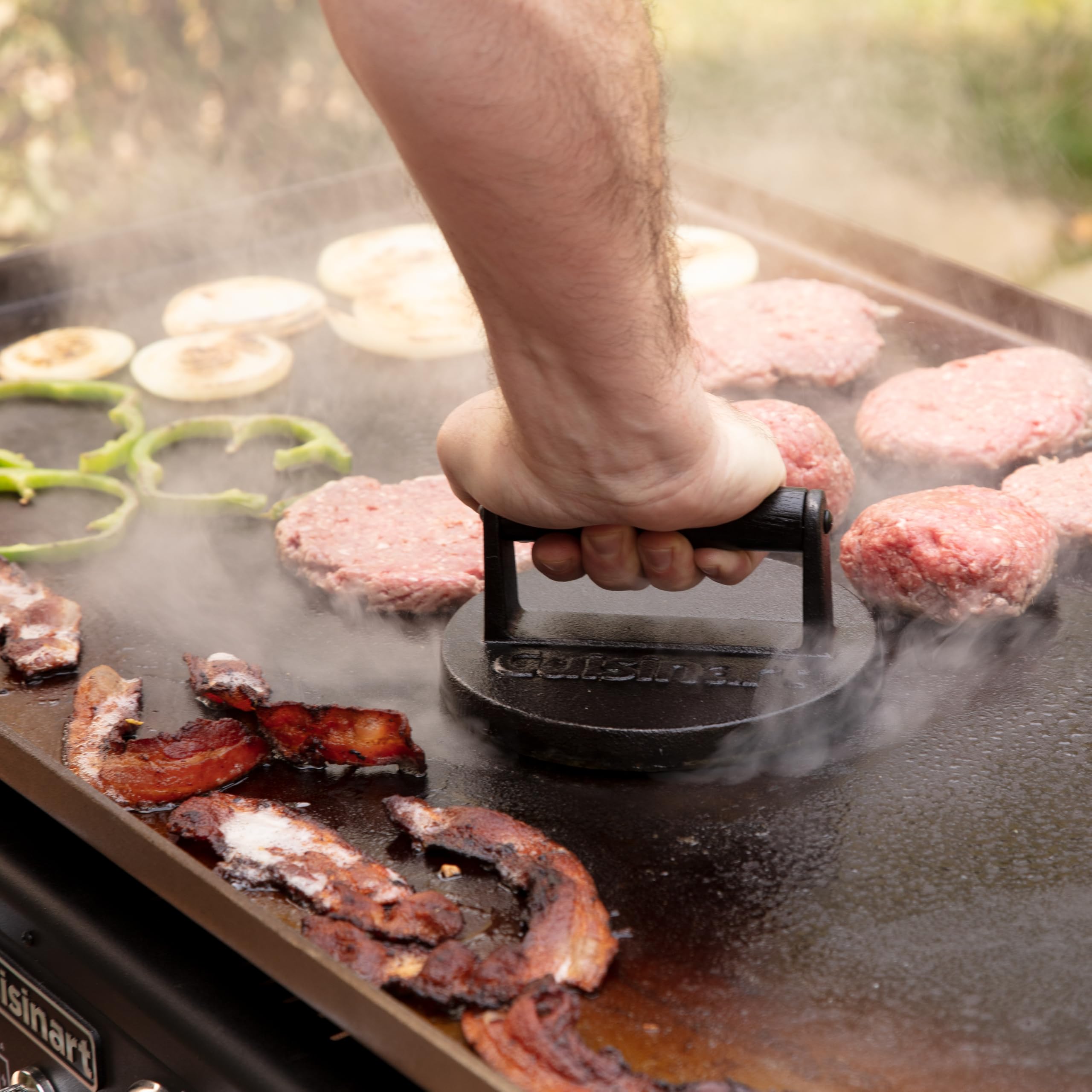 Cuisinart 6.5-inch burger press with burgers ready to cook
