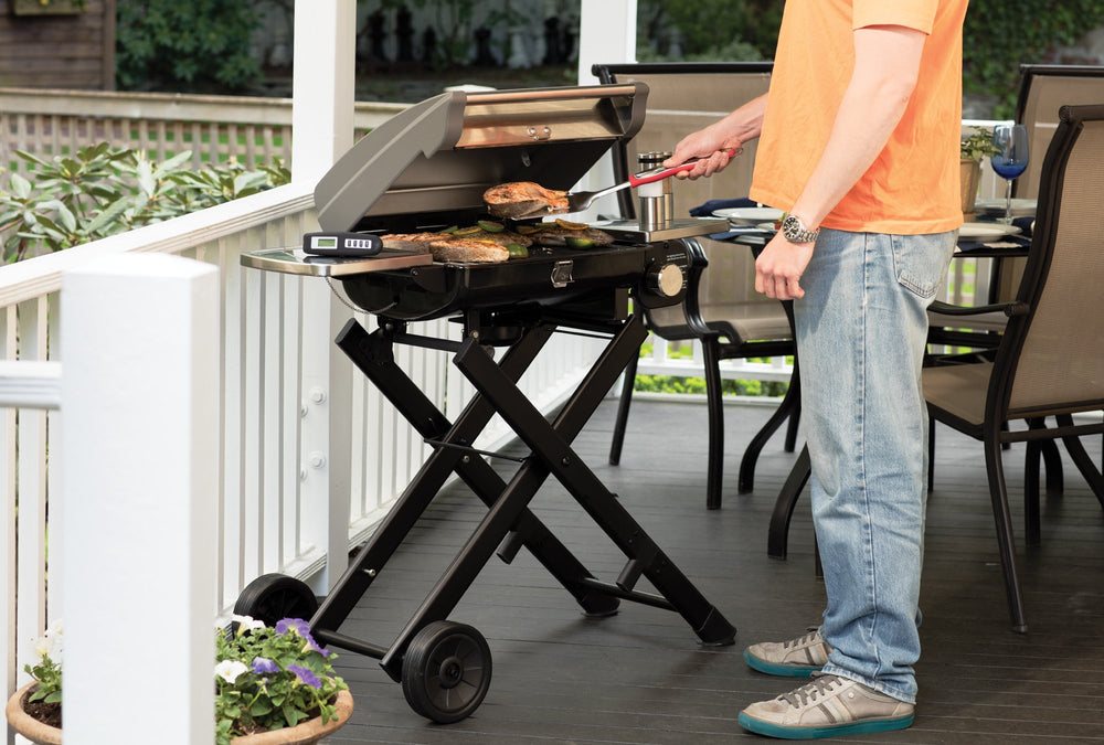 Cuisinart BBQ grilling tools set displayed outdoors on a picnic table