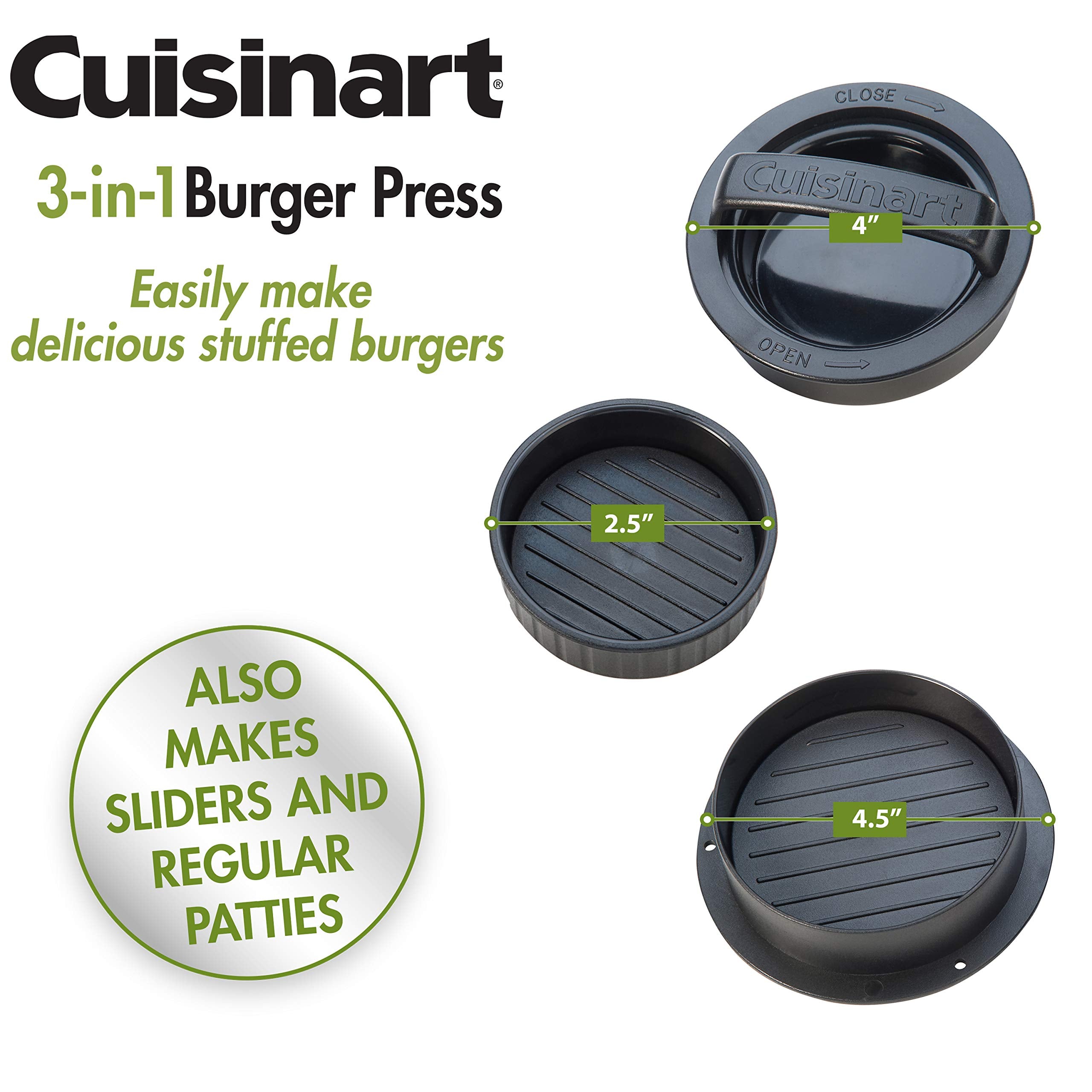 Cuisinart burger press with various burger styles