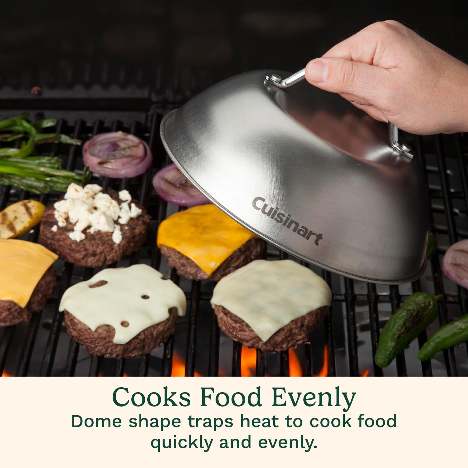 Cuisinart Melting Dome in use on a grill with melted cheese