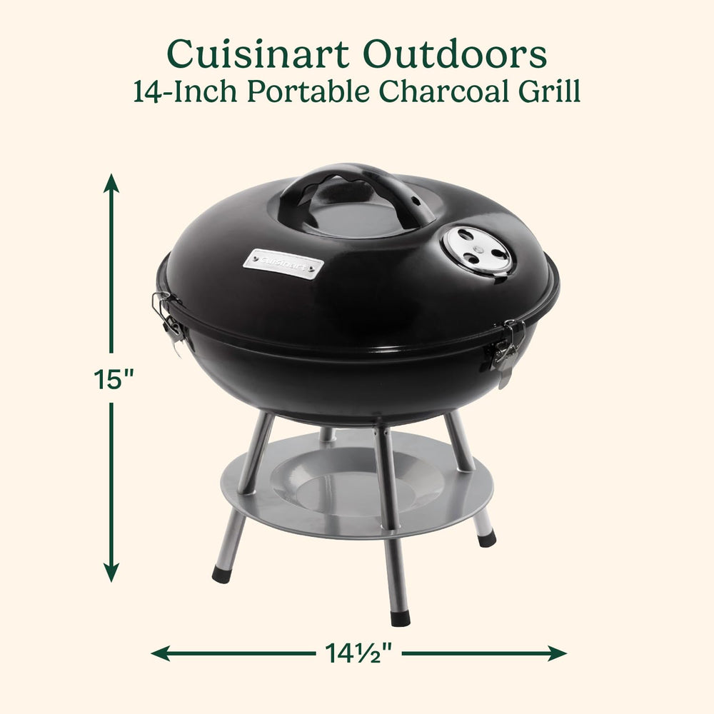 Cuisinart Portable Charcoal Grill with lid open and food cooking