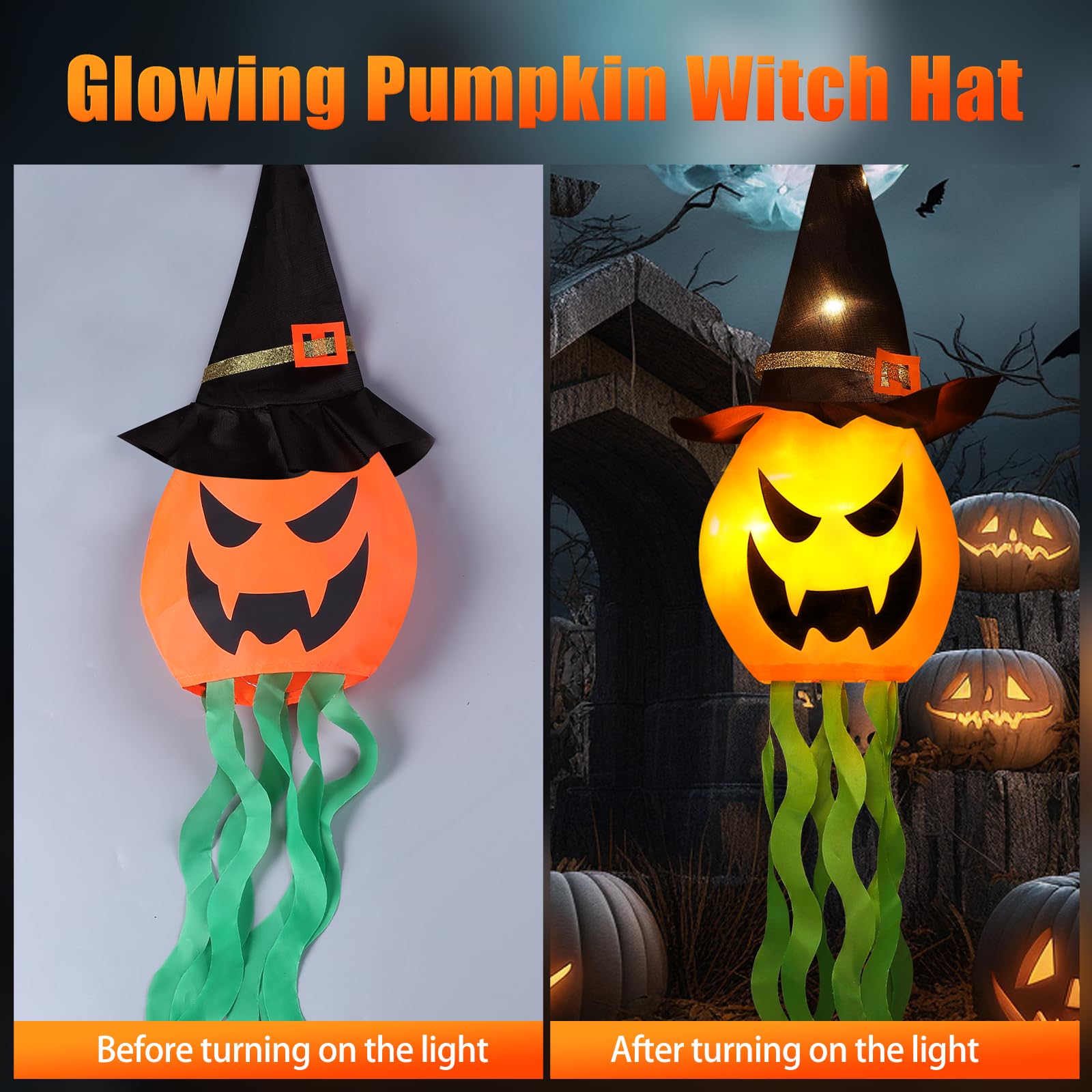Cuorung lighted pumpkin witch hat glowing in a dark setting