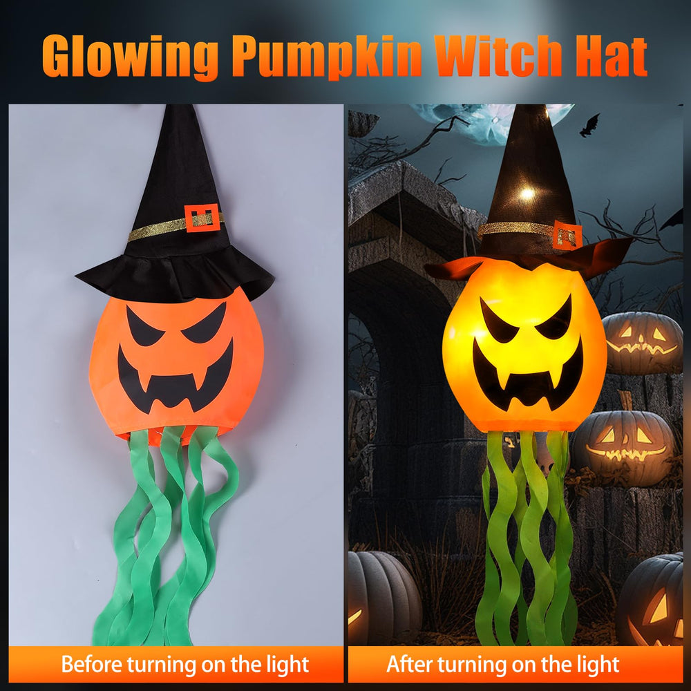 Cuorung lighted pumpkin witch hat glowing in a dark setting