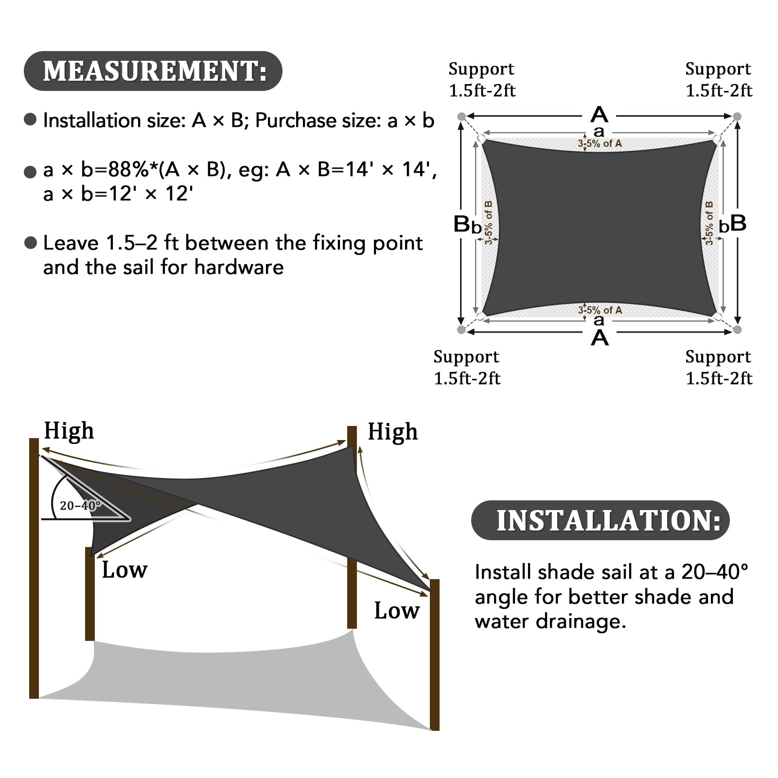 Curved edge design of shade sail preventing water accumulation