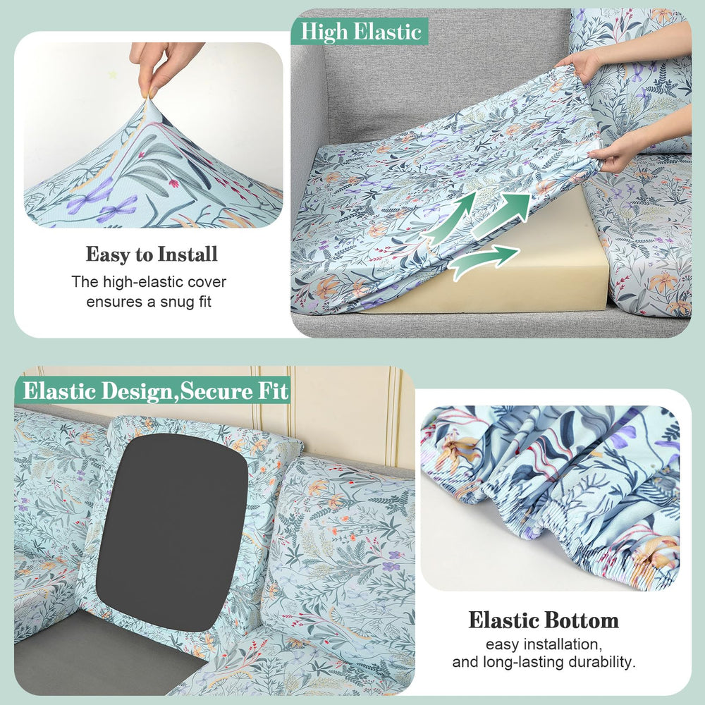 Cushion covers in light cyan fitting a garden chair