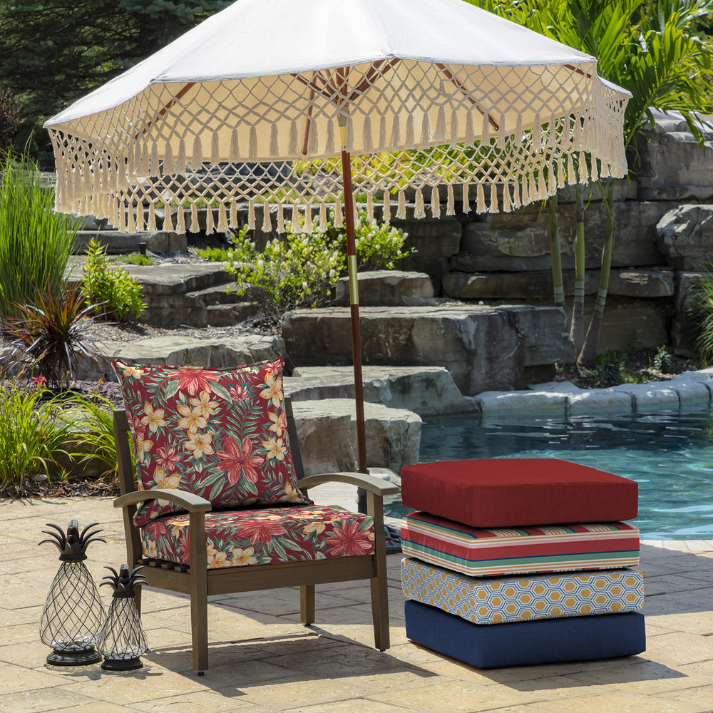 Cushion set displayed in a backyard setting