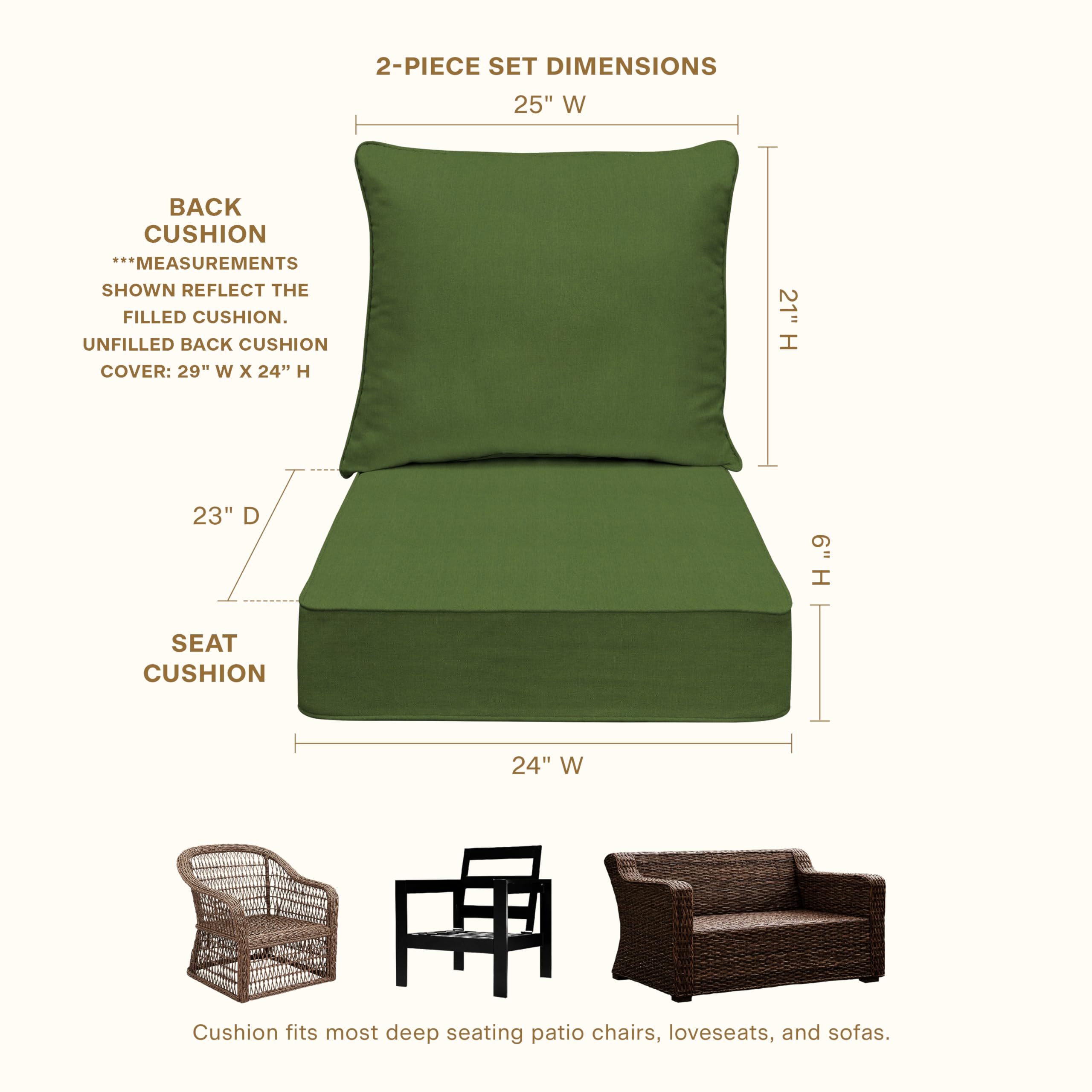 Cushion showing dimensions 24x23 inches on patio
