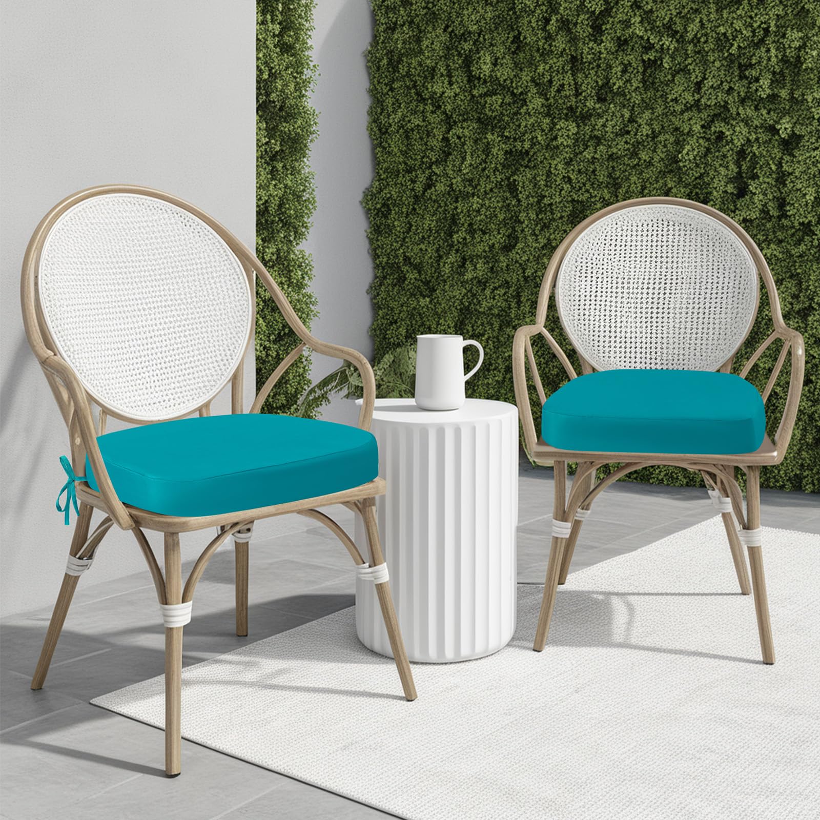 Cushions on a patio chair showcasing vibrant Peacock Blue