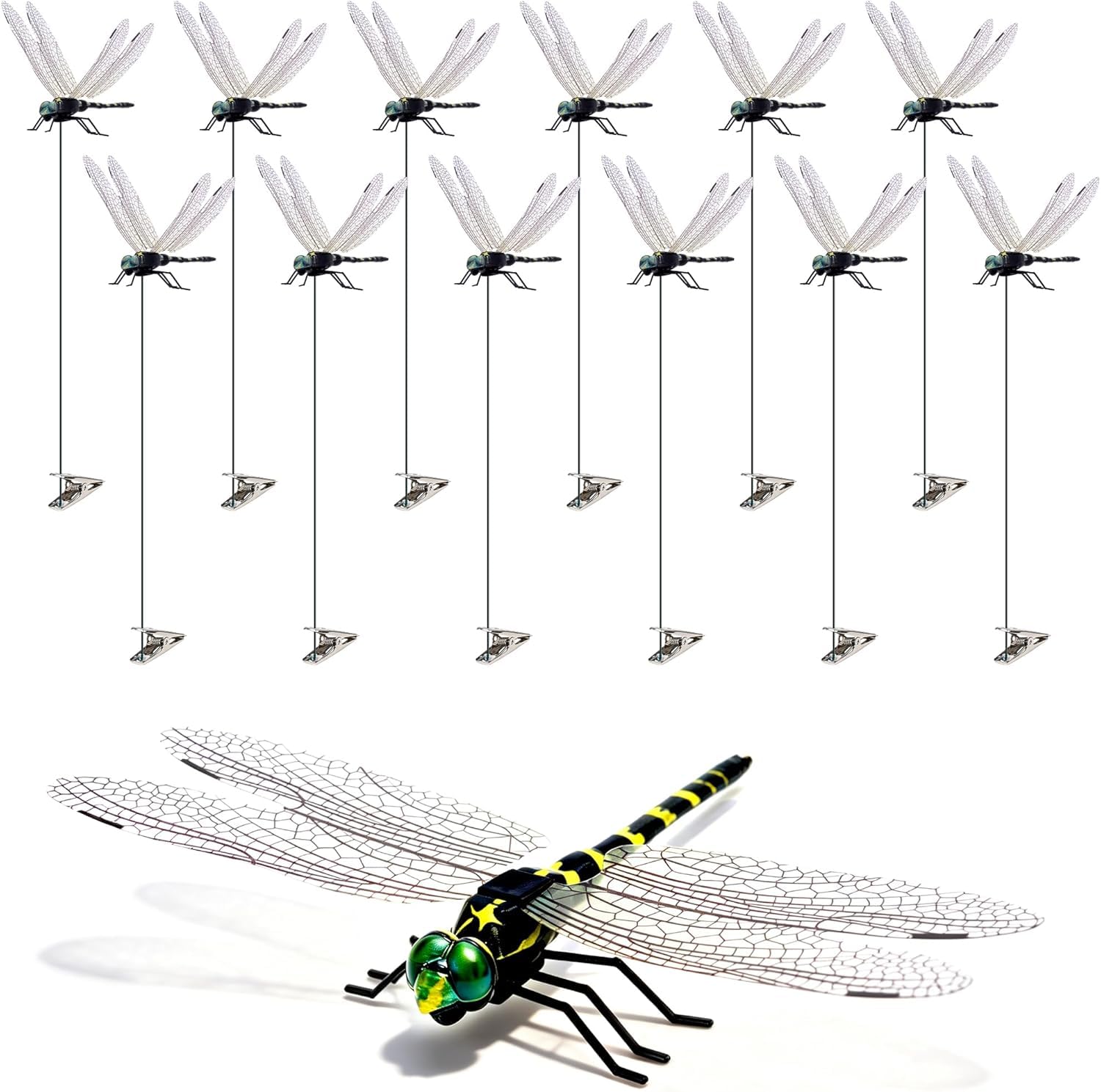 Cushry 12 Pack 3D Dragonfly Clips in vibrant colours on a white background