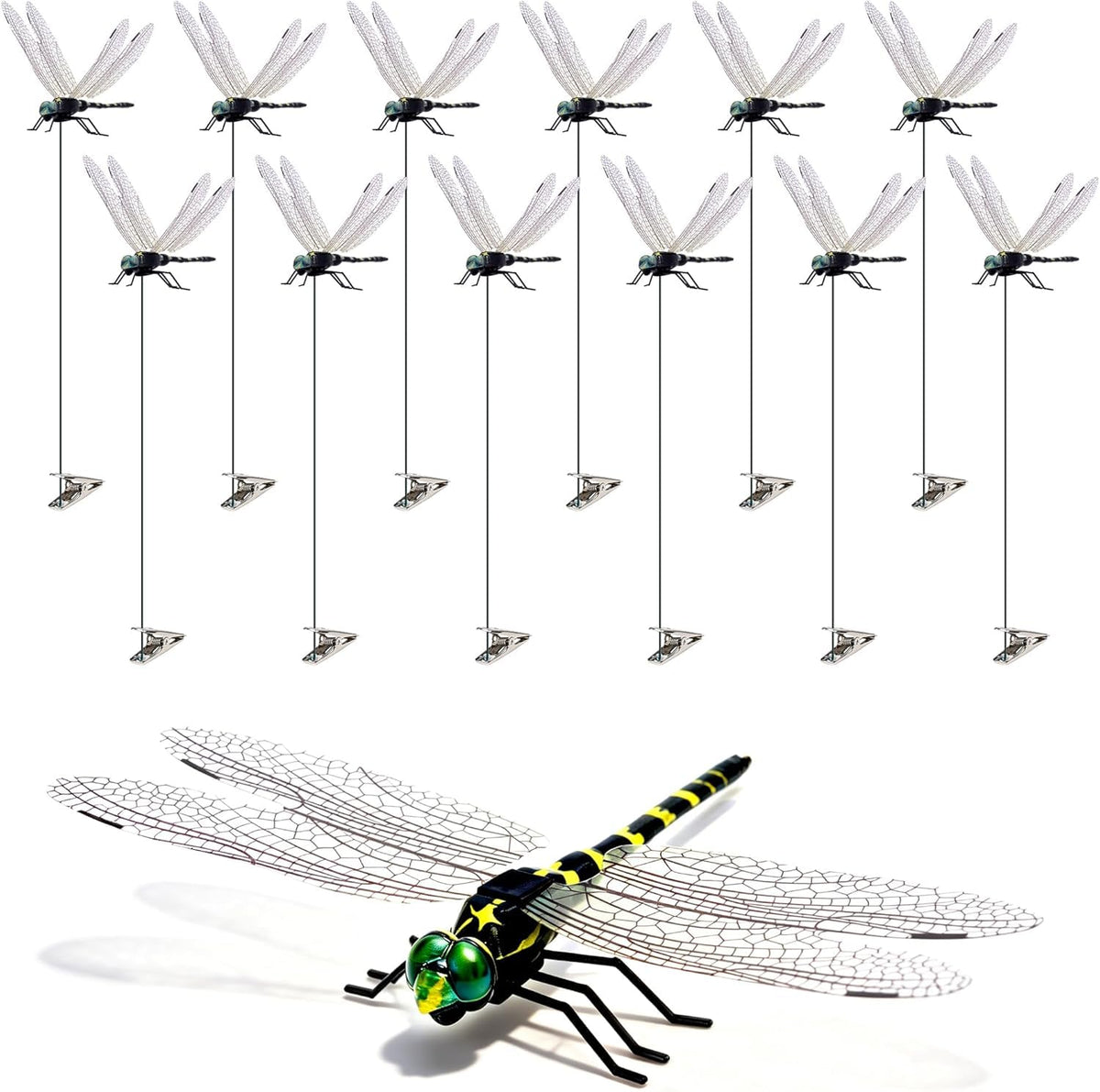 Cushry 12 Pack 3D Dragonfly Clips in vibrant colours on a white background