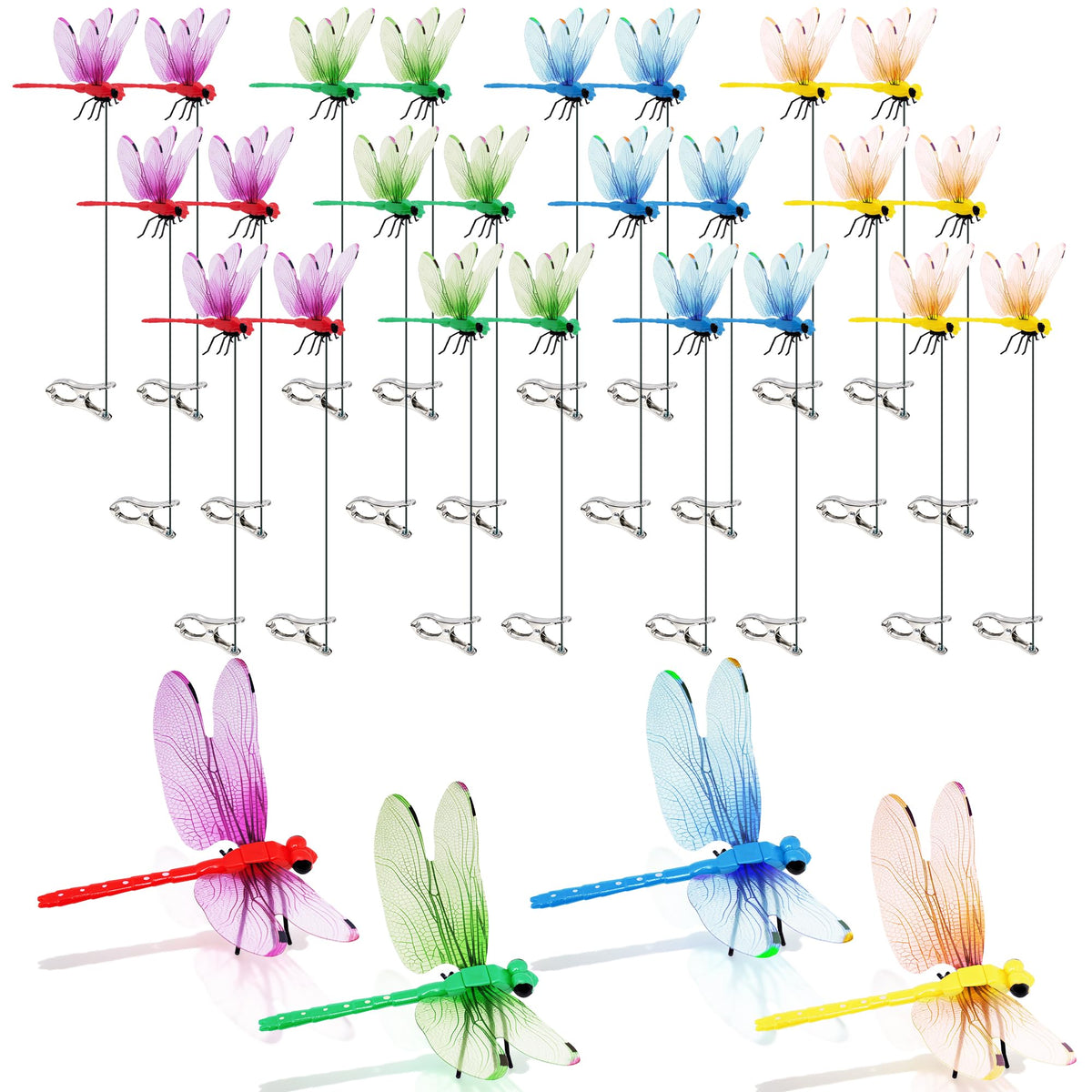 Cushry 24 Pack Dragonfly Clips vibrant colors arranged in packaging