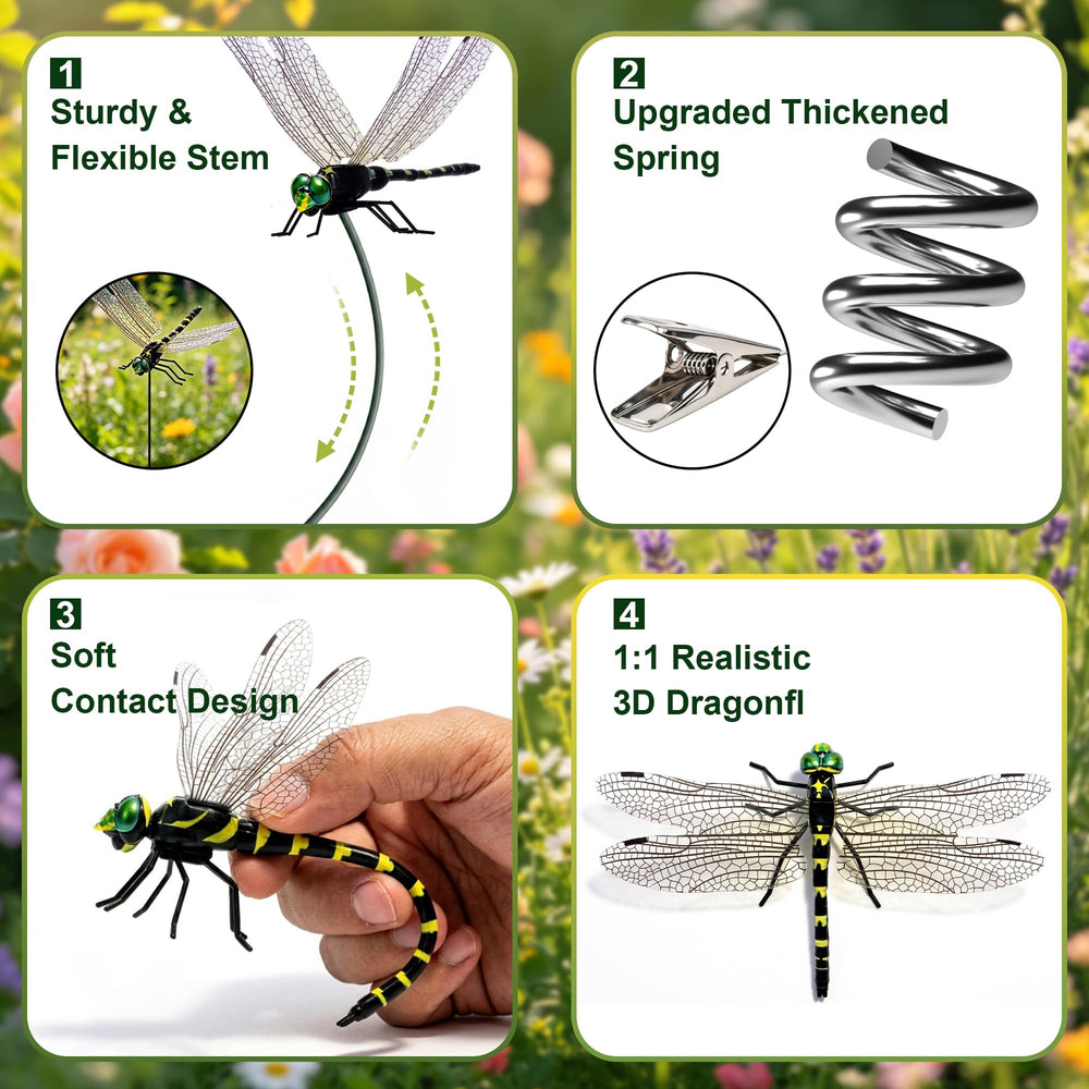 Cushry 3D Dragonfly Clips displayed in a garden setting