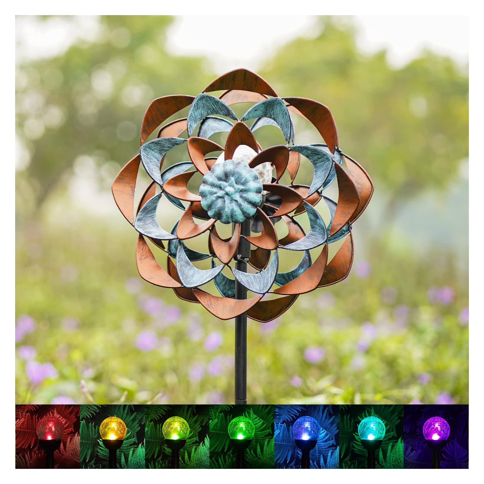 Cyan Oasis Solar Wind Spinner with copper and teal finish