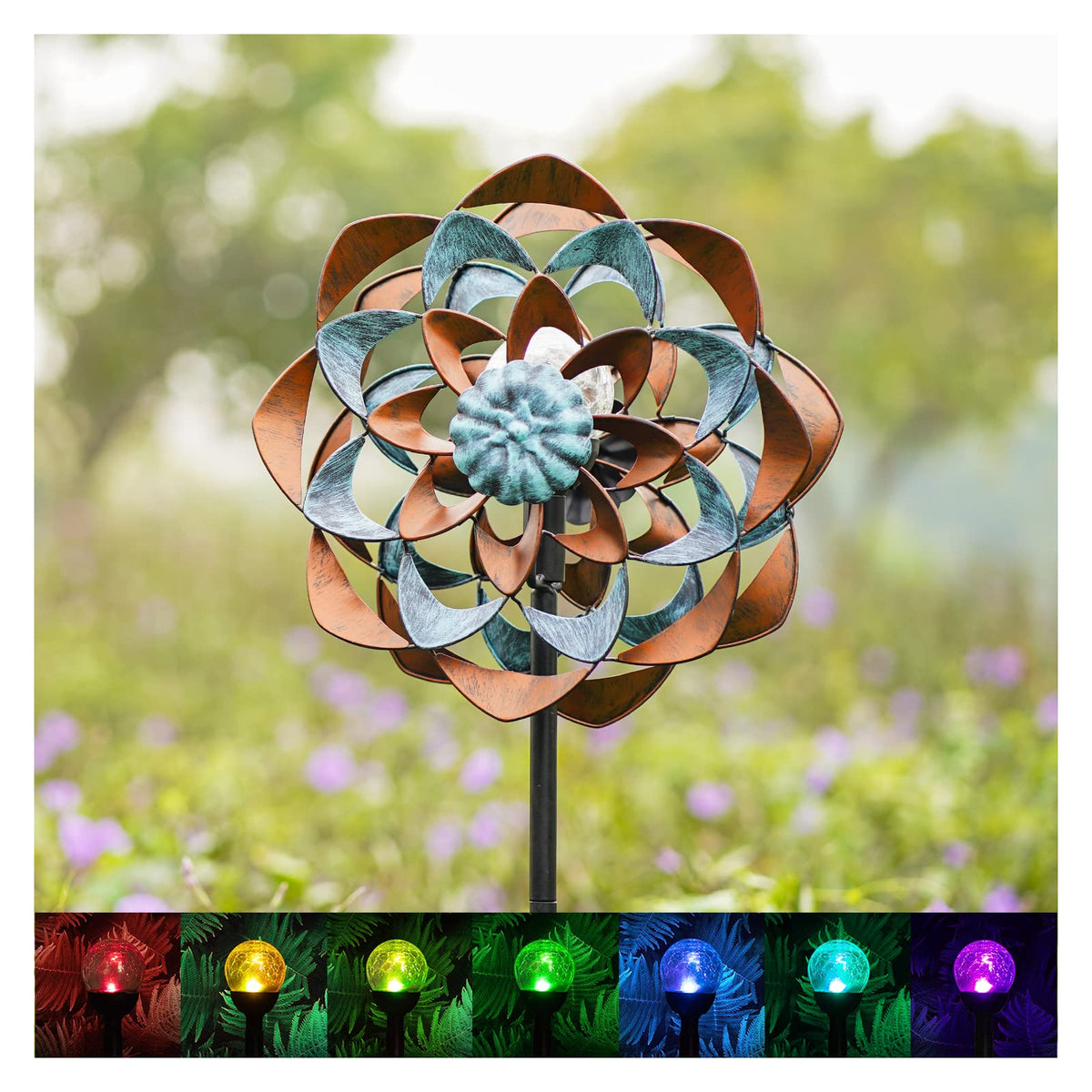 Cyan Oasis Solar Wind Spinner with copper and teal finish