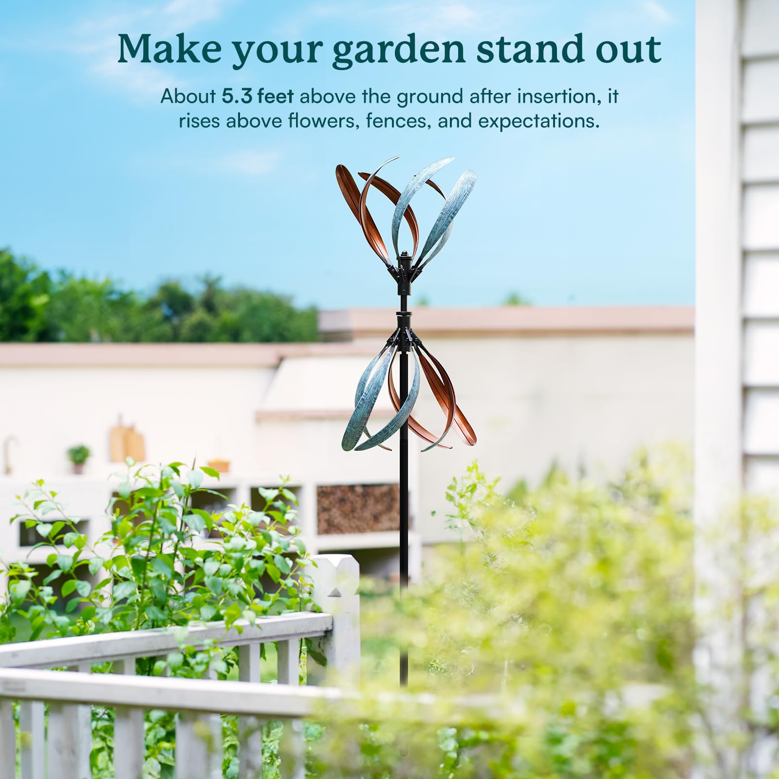 Cyan Oasis Wind Spinner Outdoor, side view showing height