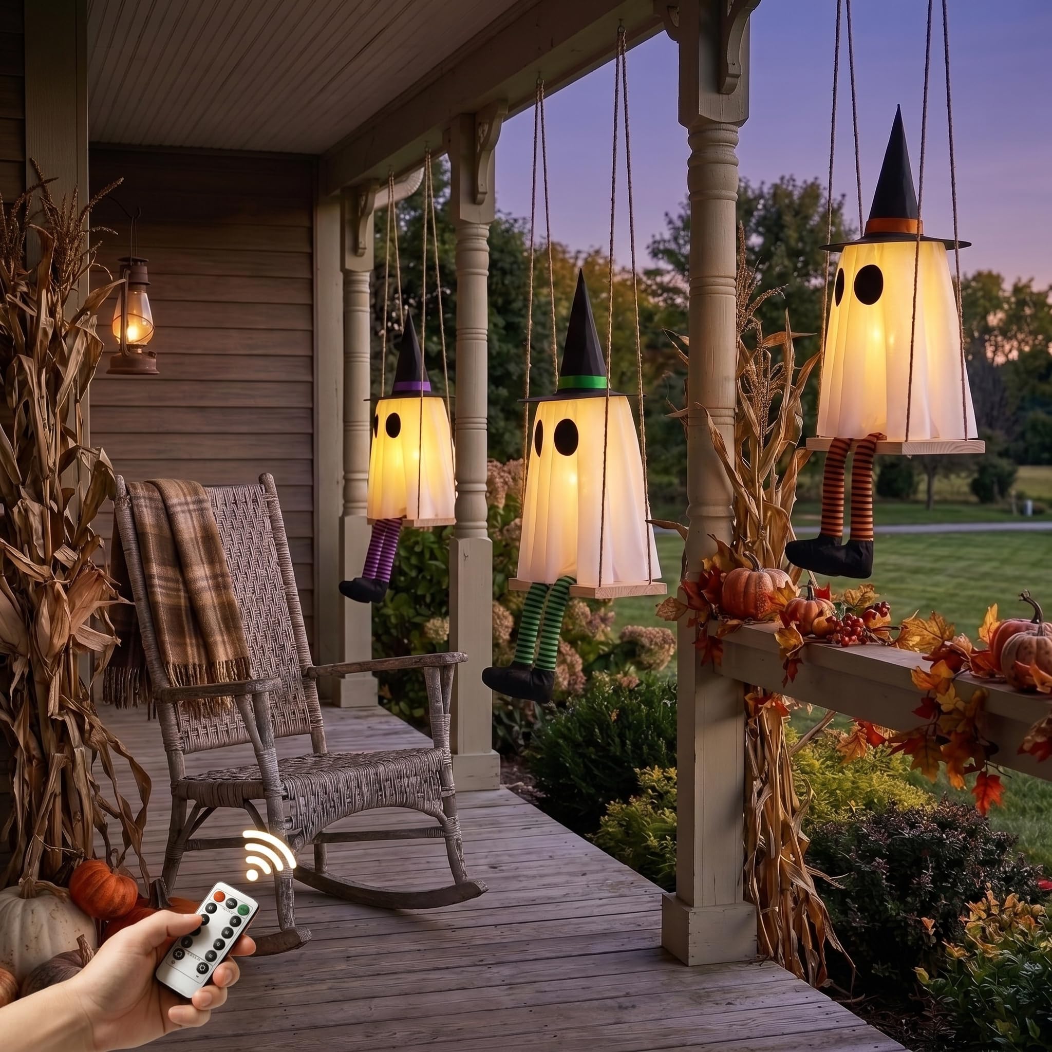 CYSKXYI ghost swings displayed on a porch for Halloween