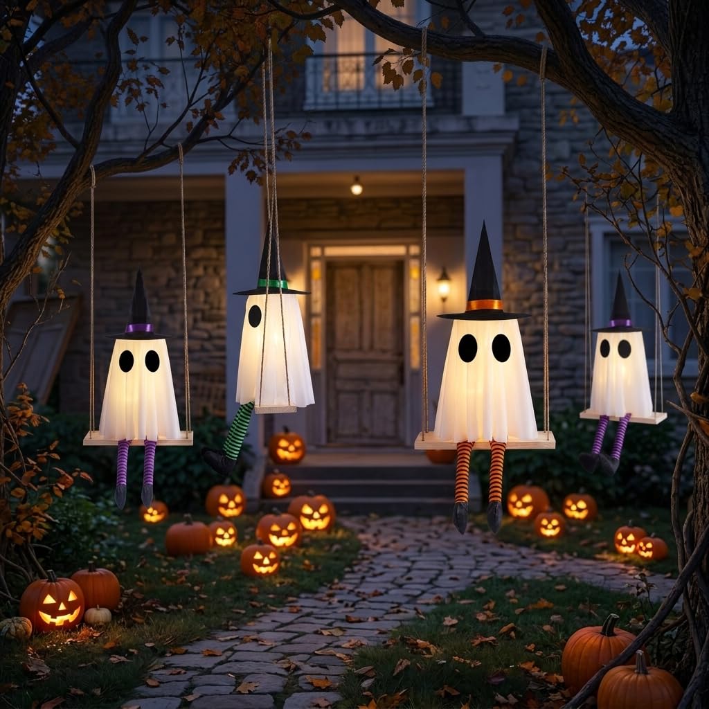 CYSKXYI Halloween Swinging Ghosts in a yard setting during Halloween